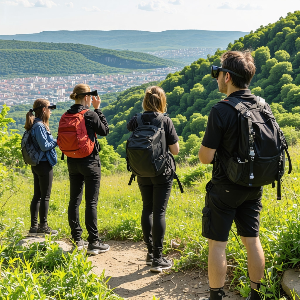 Hikers exploring Veliko Tarnovo nature trails using GPS and augmented reality devices with historical landmarks in background