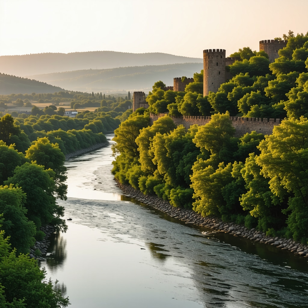 Panoramic view of Veliko Tarnovo with fortress and river during sunset