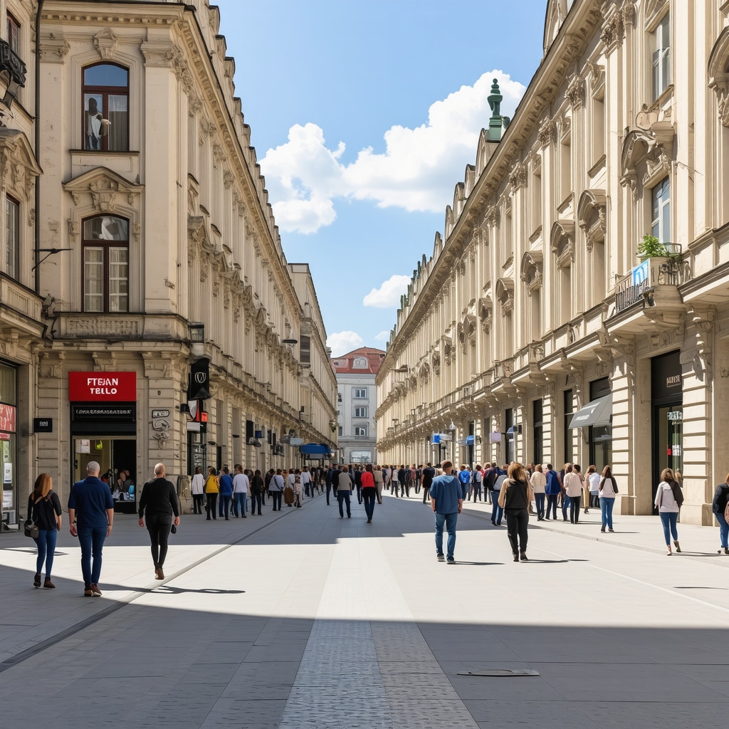 Sofia street with historic and modern architecture, murals, and people walking