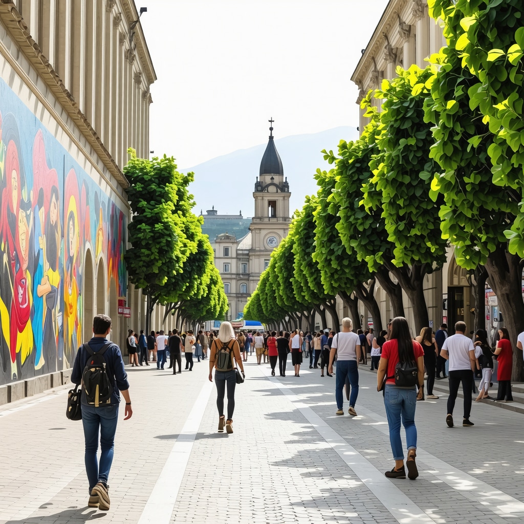 Colorful murals and green urban areas in Tirana with local artists and tourists interacting