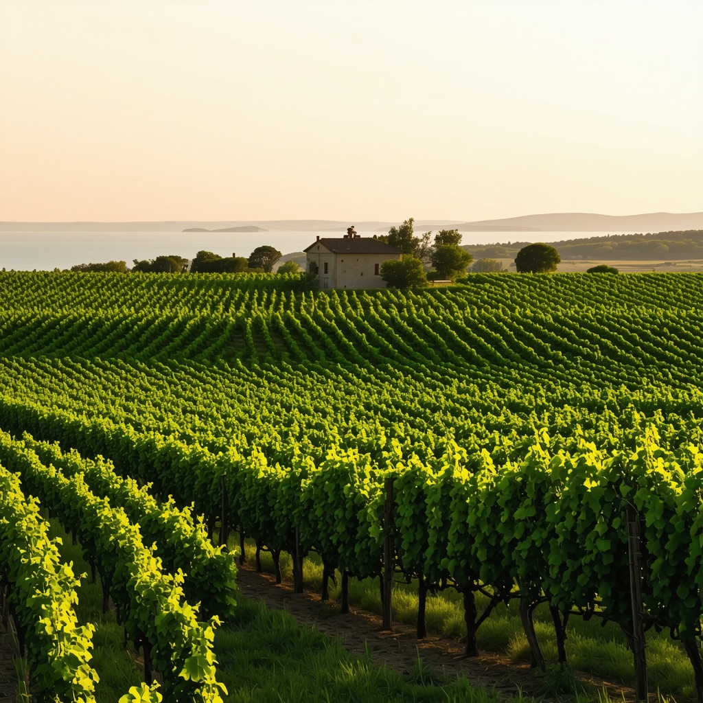Vineyard rows in Varna with a traditional winery and digital sensors under sunset light