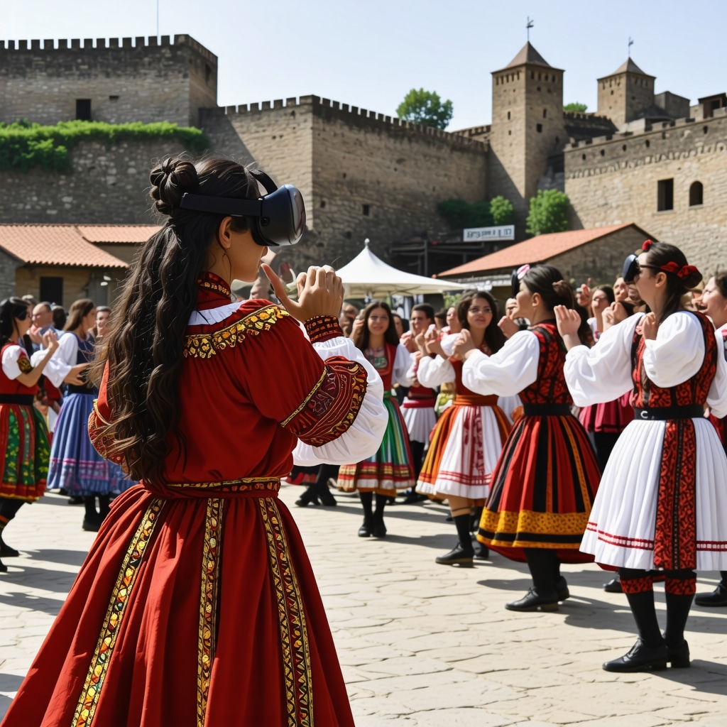 Immersive virtual reality scene showing traditional Balkan dance festival at historic Veliko Tarnovo fortress with diverse participants and vibrant costumes