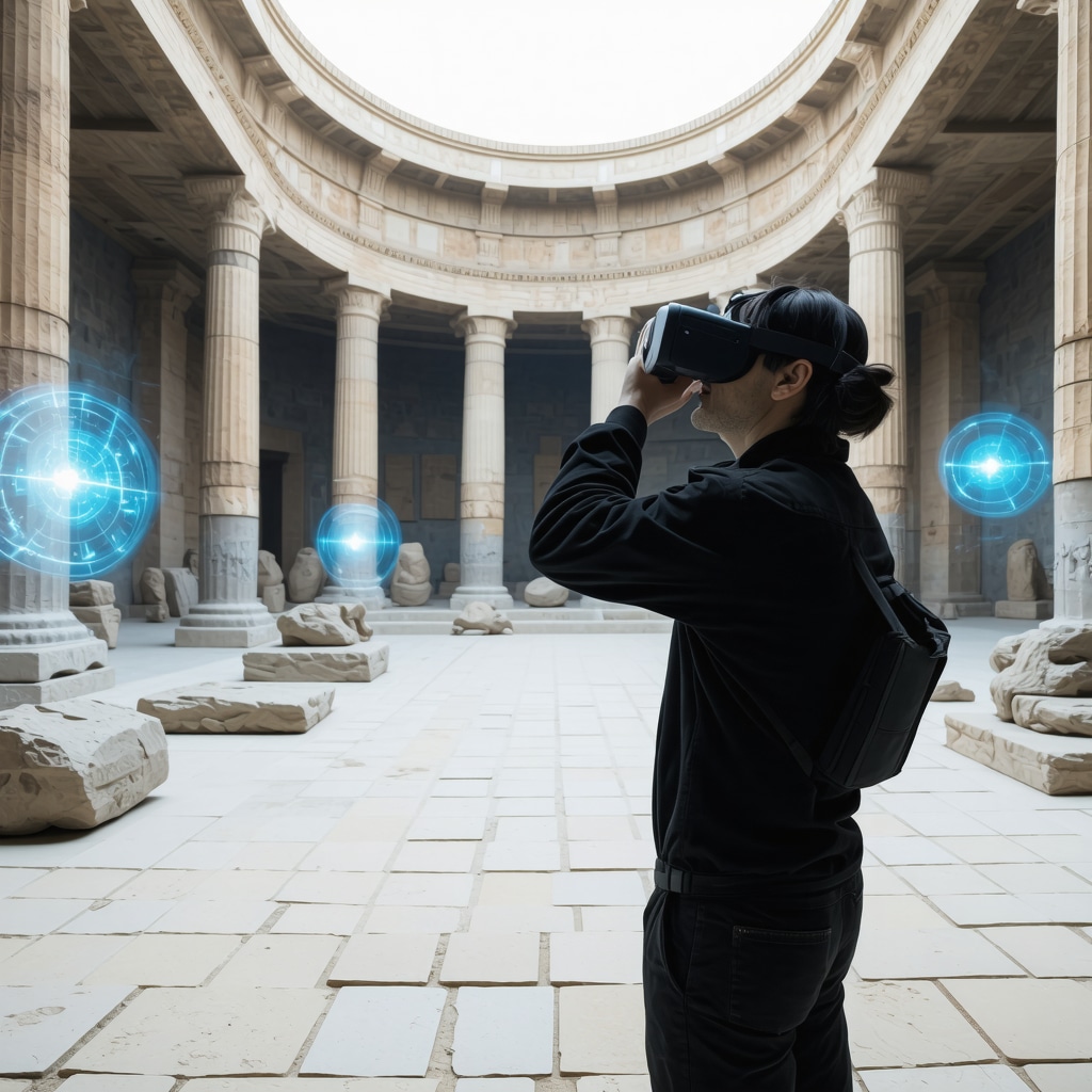 Visitor using VR headset to explore reconstructed ancient temple at Apolonia archaeological site