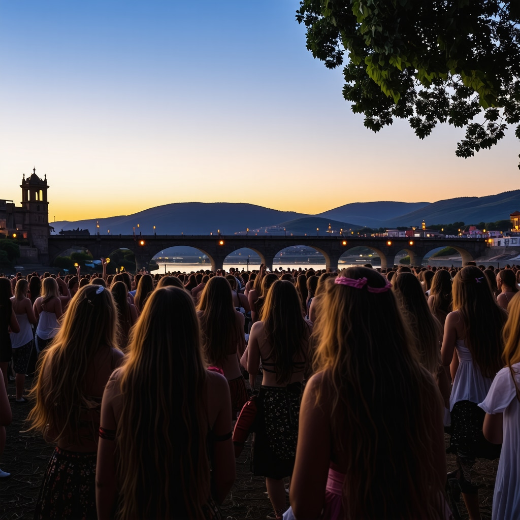 Cultural festival in Višegrad 2024 featuring performers and digital art with Drina Bridge at sunset