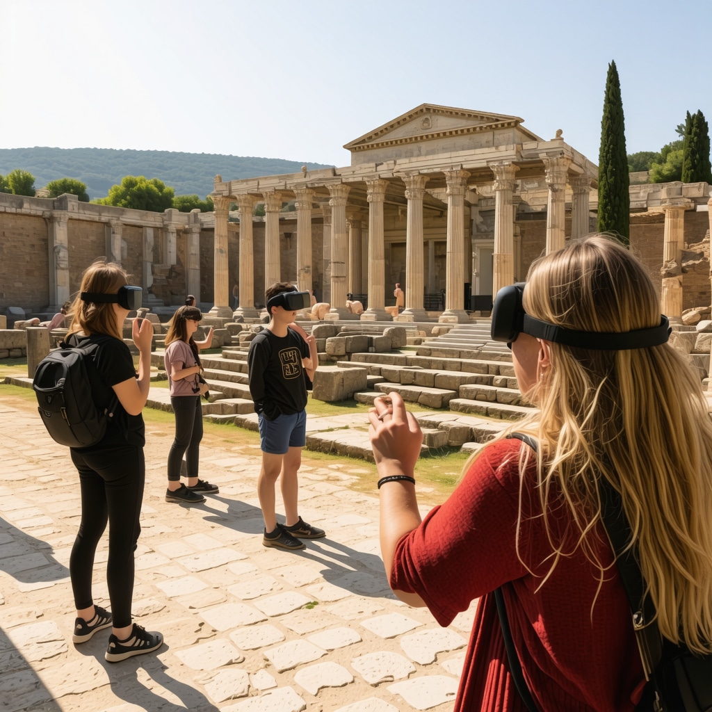 Visitors using augmented reality technology to explore the ancient Roman ruins at Stobi archaeological site