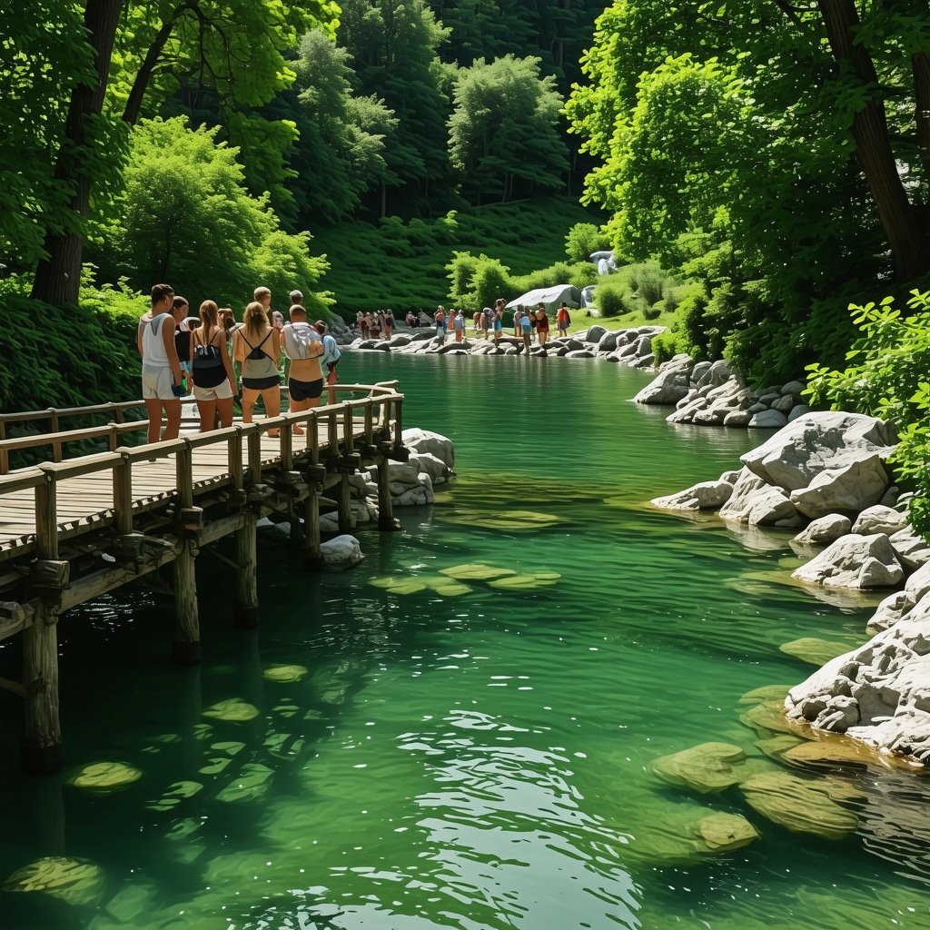Vrelo Bosne clear water springs and wooden bridges in lush green landscape