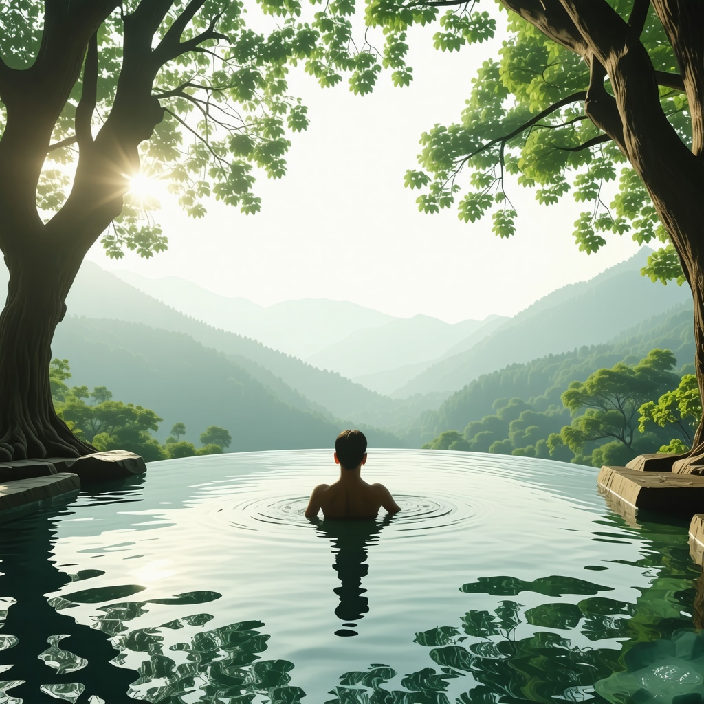 Thermal pool in Sokobanja surrounded by forest and mountains with morning sunlight