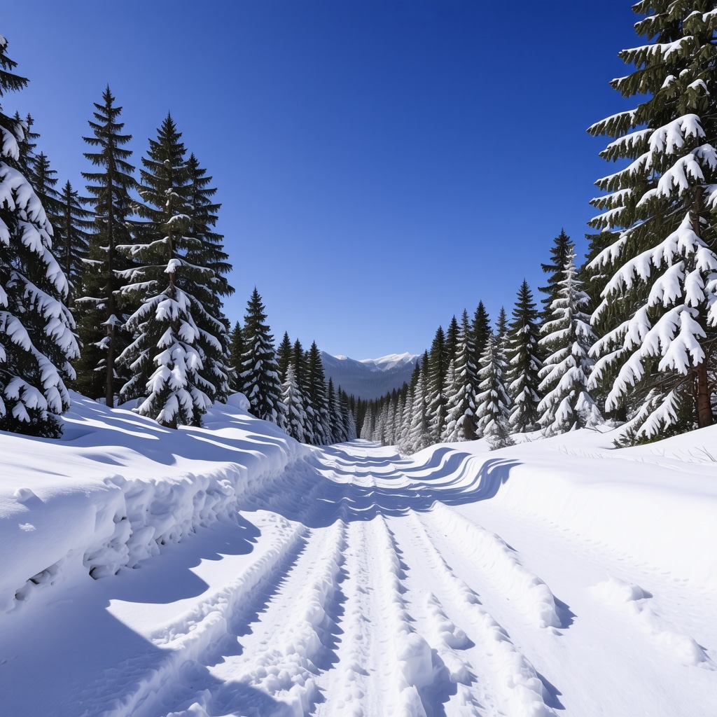 Snow-covered pine trees and hiking trail in Tara National Park during winter