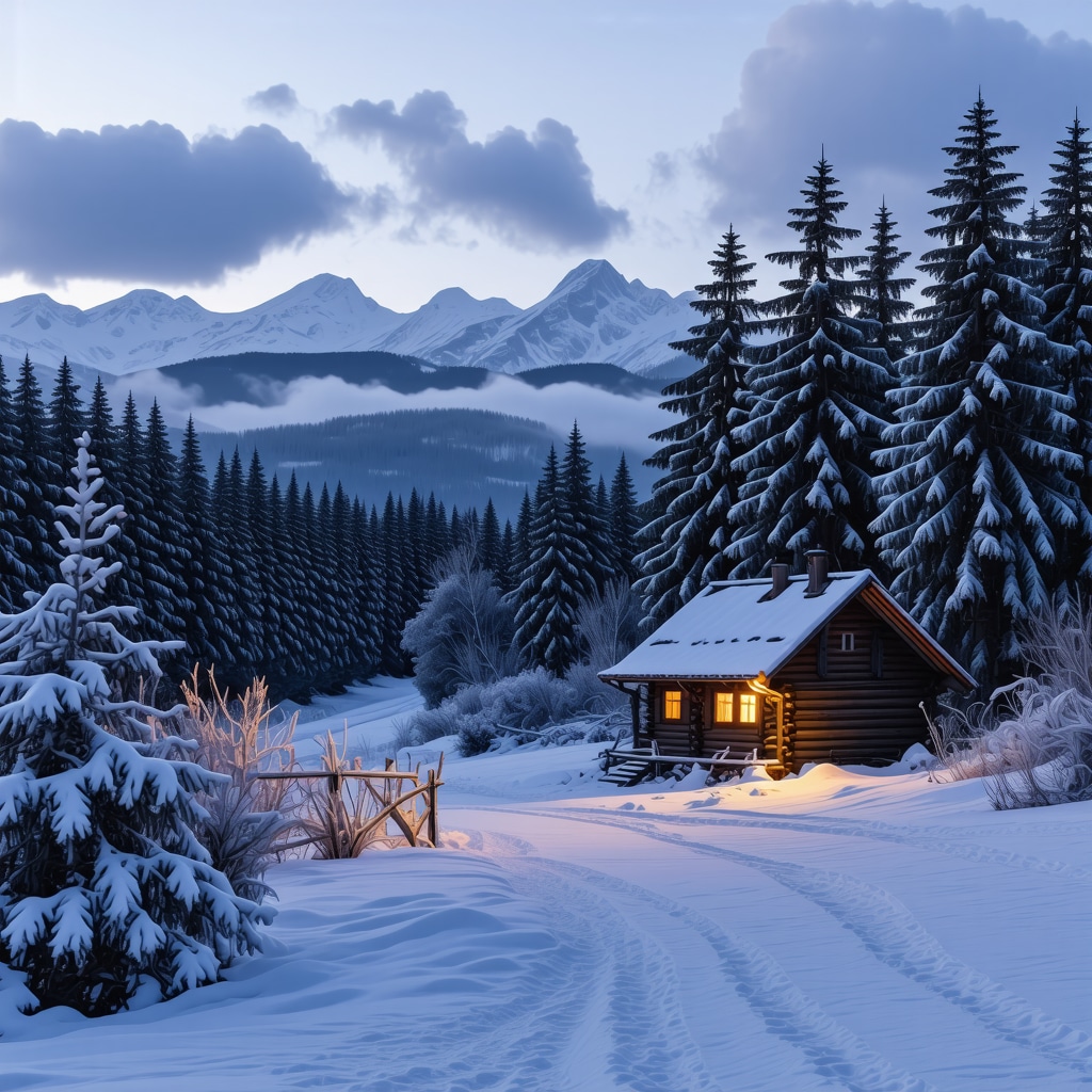 Snow-covered pine forest and cabin in Foča winter landscape at dusk