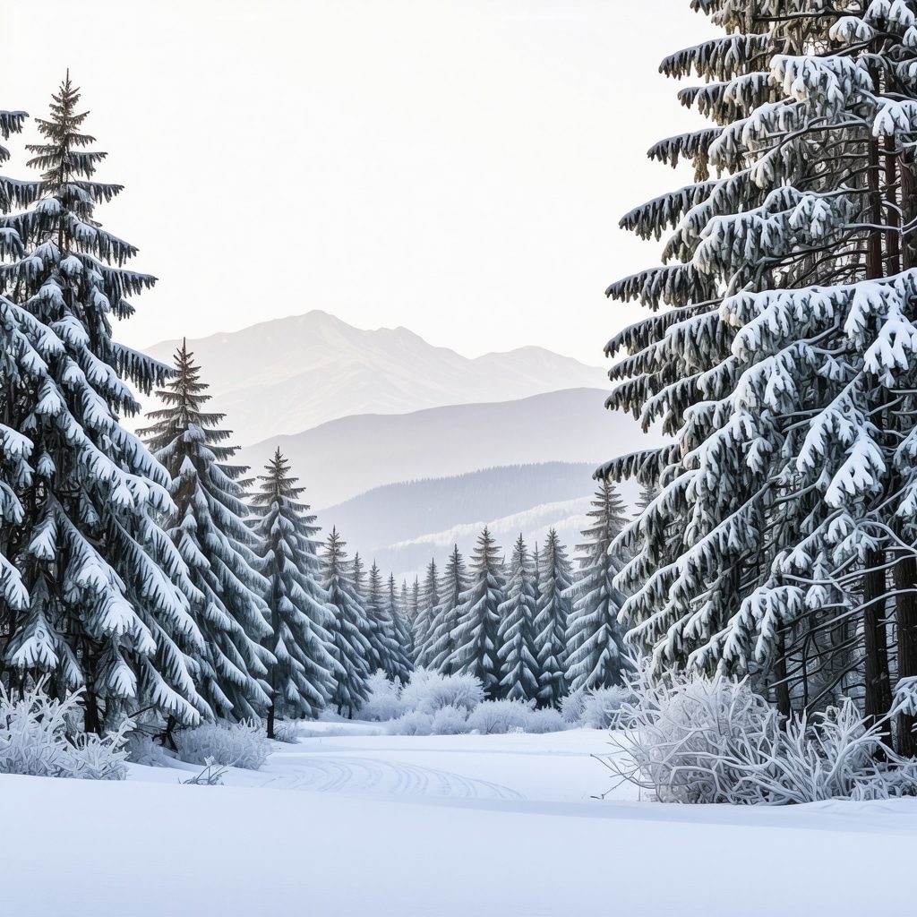 Winter landscape in Foča with snow-covered pine trees and mountains in the background