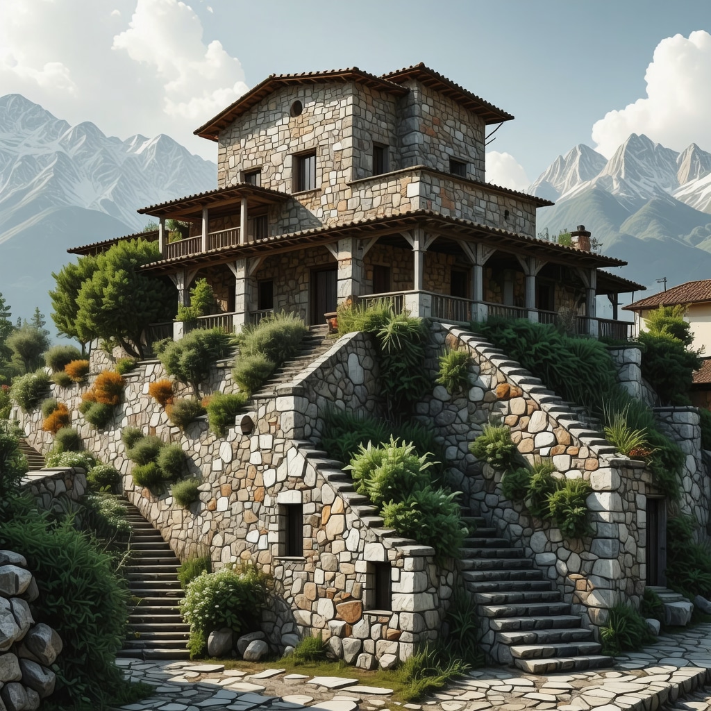 3D digital model of Gjirokastër showing traditional stone buildings with virtual reality interface