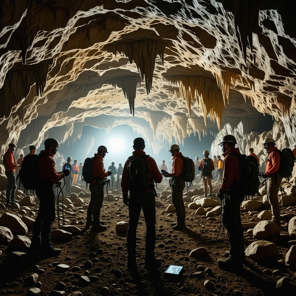 Speleologists using 3D scanning technology inside Pećke pećine cave with natural rock formations