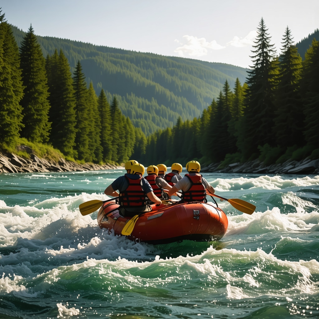 Adventurers in colorful rafts navigating the clear Drina River with dense forest and mountains in the background at sunrise