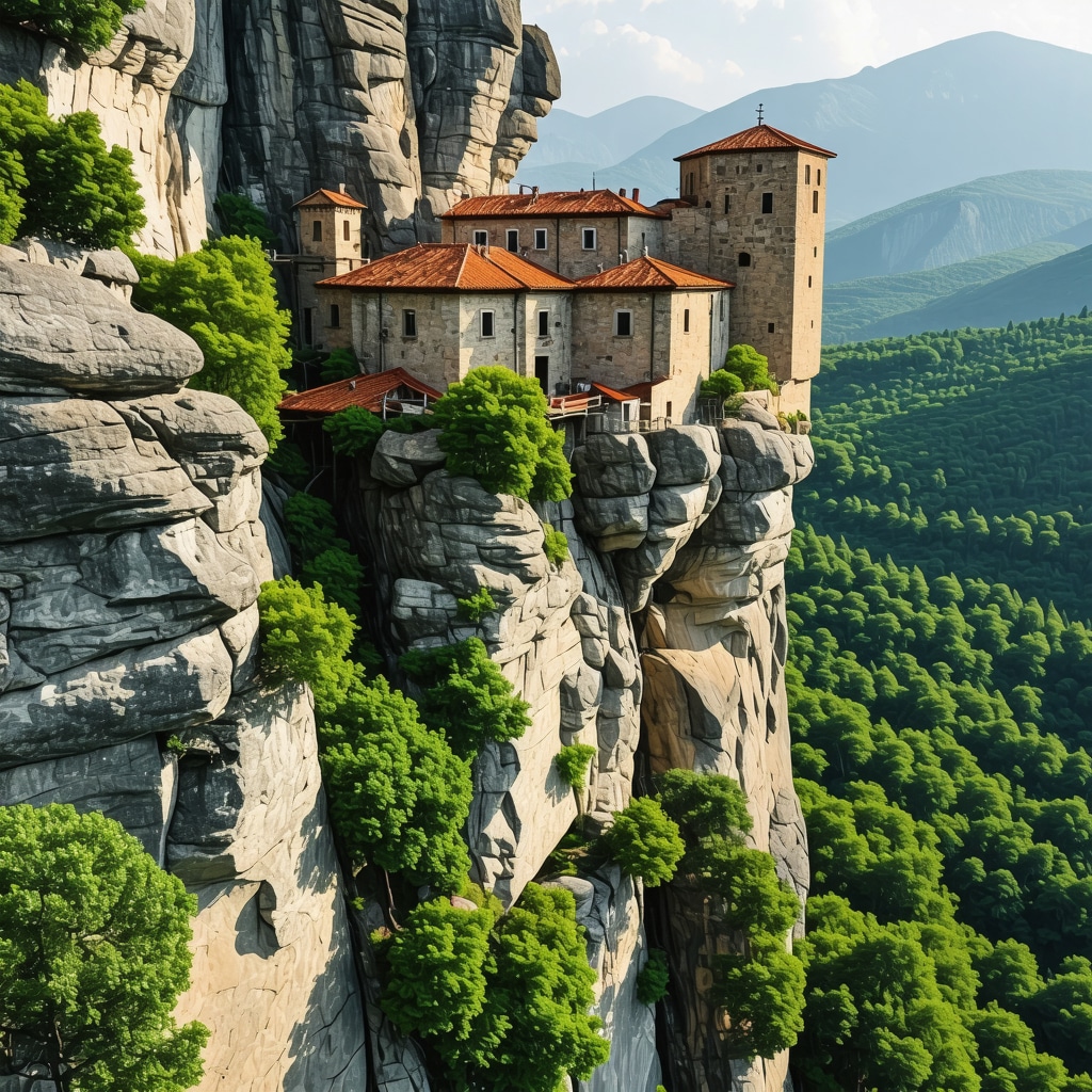 Aerial photograph of Meteora monasteries on rock pillars with green landscape, illustrating heritage preservation and sustainable tourism