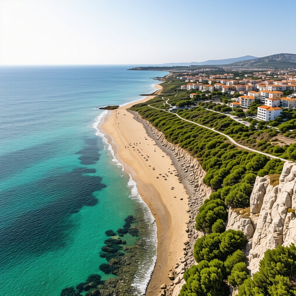 Aerial photo showing Durres diverse beaches and Adriatic sea under sunny weather