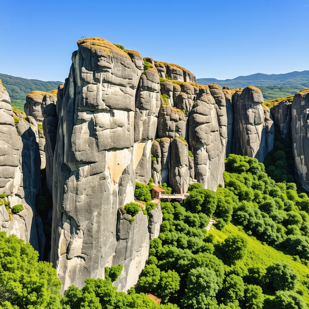 Aerial photograph showing Meteora's rock pillars with ancient monasteries surrounded by forest and blue sky