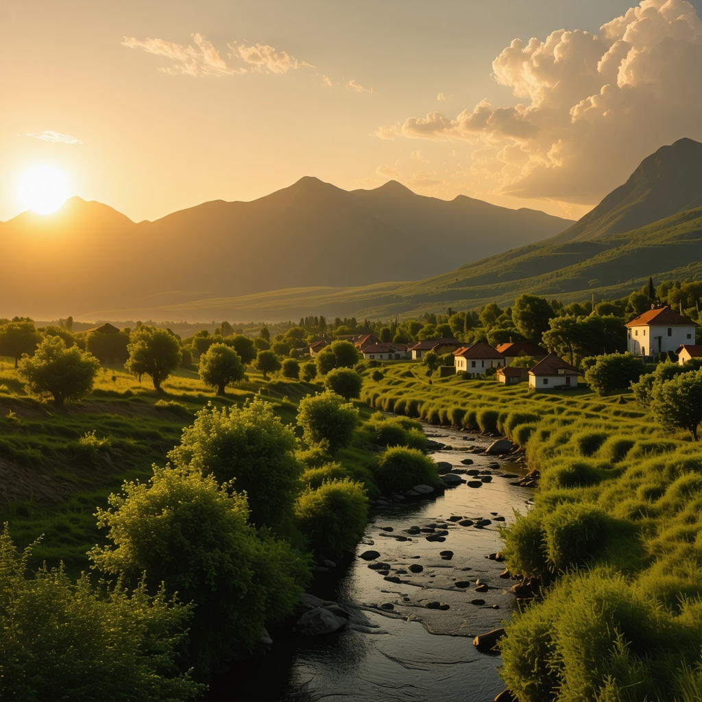 Balkan prirodna scena sa selom, planinama i recom