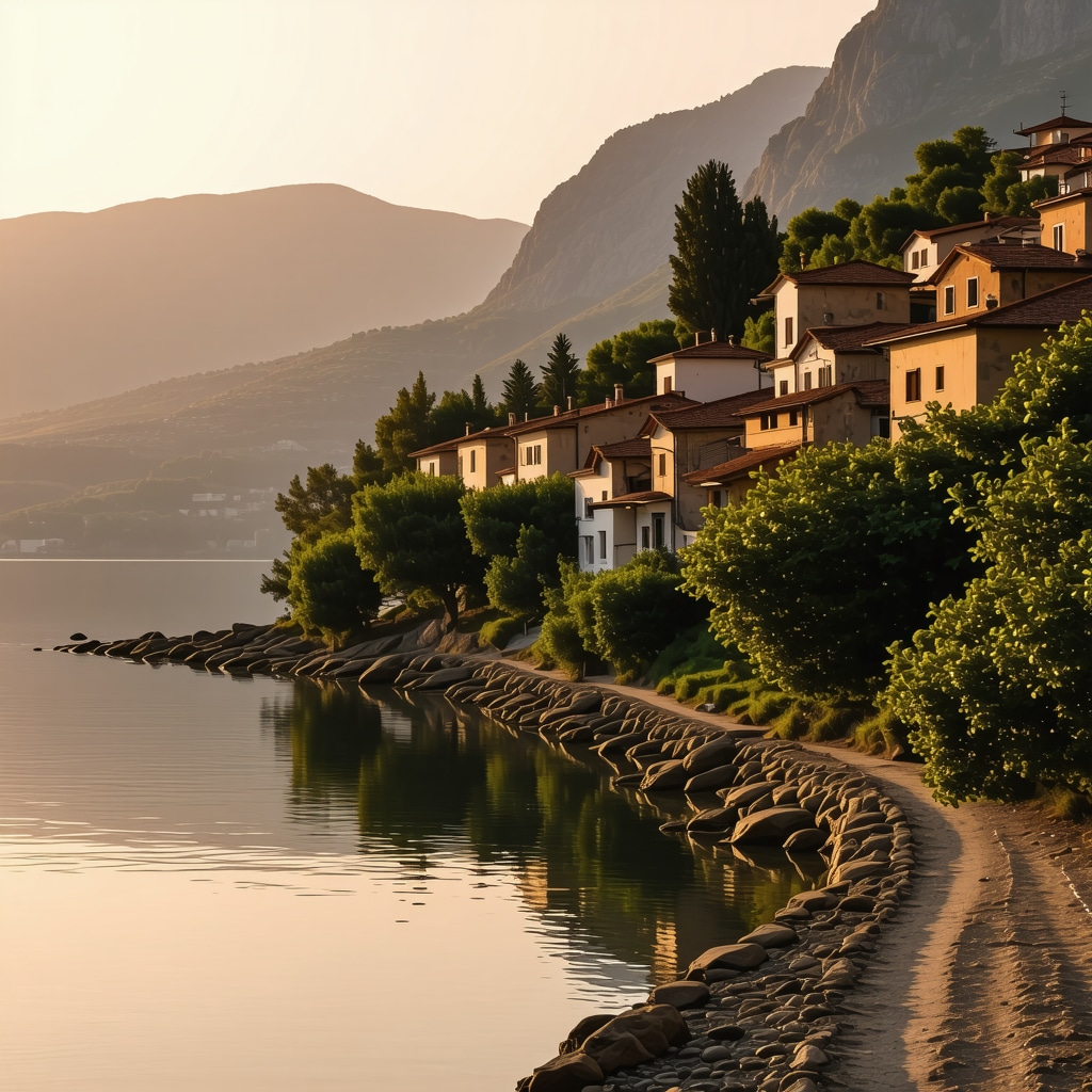 Panoramski pogled na tradicionalno selo u Budvi u magiji zalaska sunca