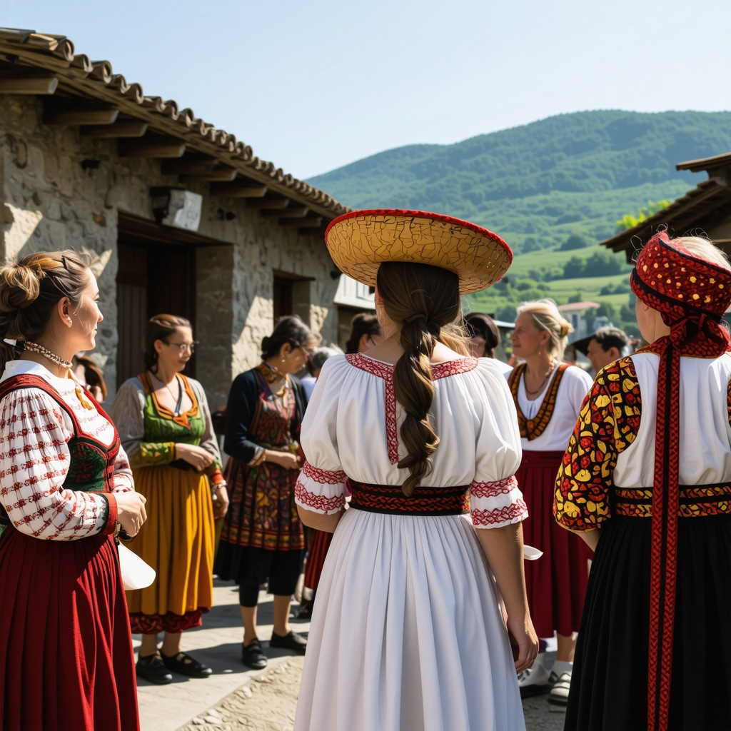 Lokali u tradicionalnoj odeći u balkanskom selu, živa scena