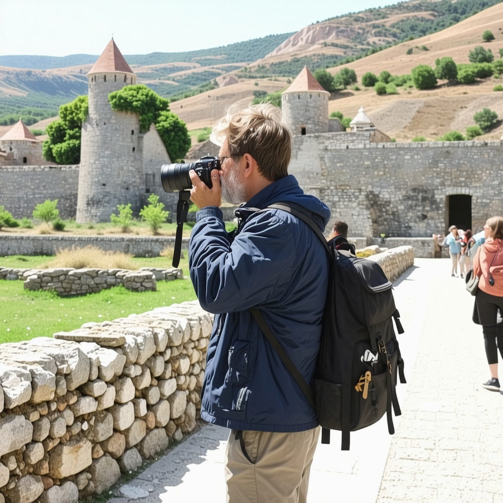 Traveler taking photos of historic buildings in the Balkans