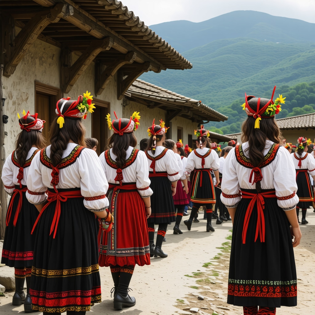 Selo na Balkanu sa tradicionalnim nošnjama i prirodnim pejzažem