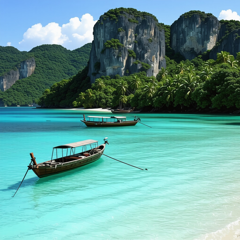 Beautiful island scenery with boats, water, and green landscapes