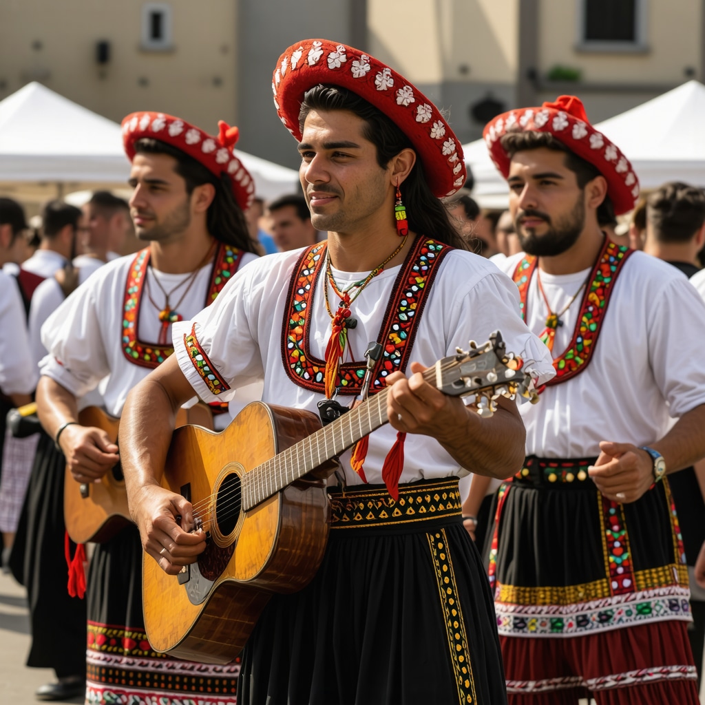Colorful Balkan festival scene with traditional costumes and music