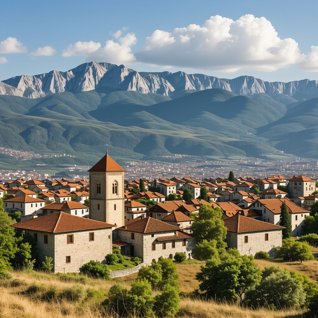 Scenic view of Balkan mountains and historic city