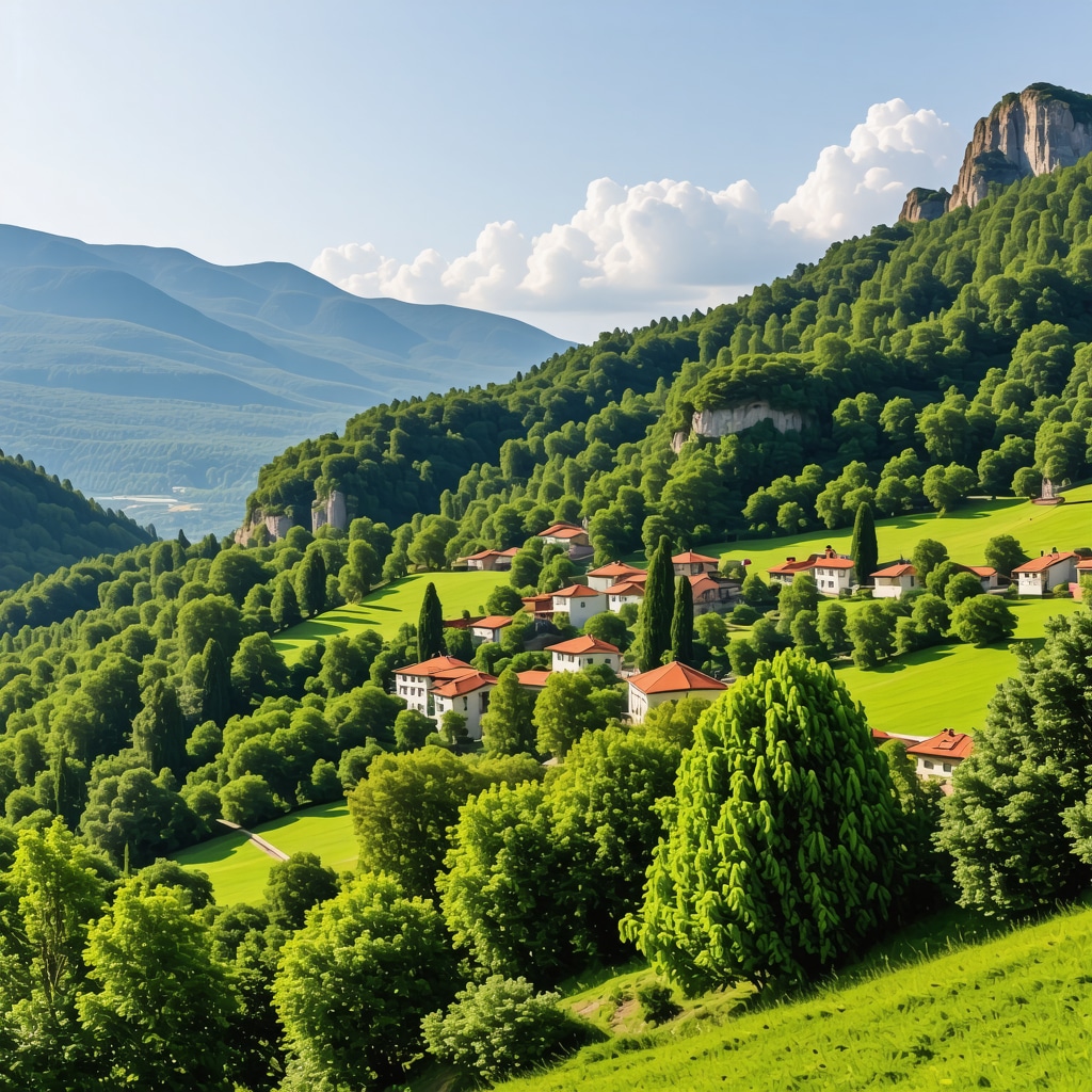 Scenic view of Balkan mountains, historic towns, and lush greenery for travel inspiration
