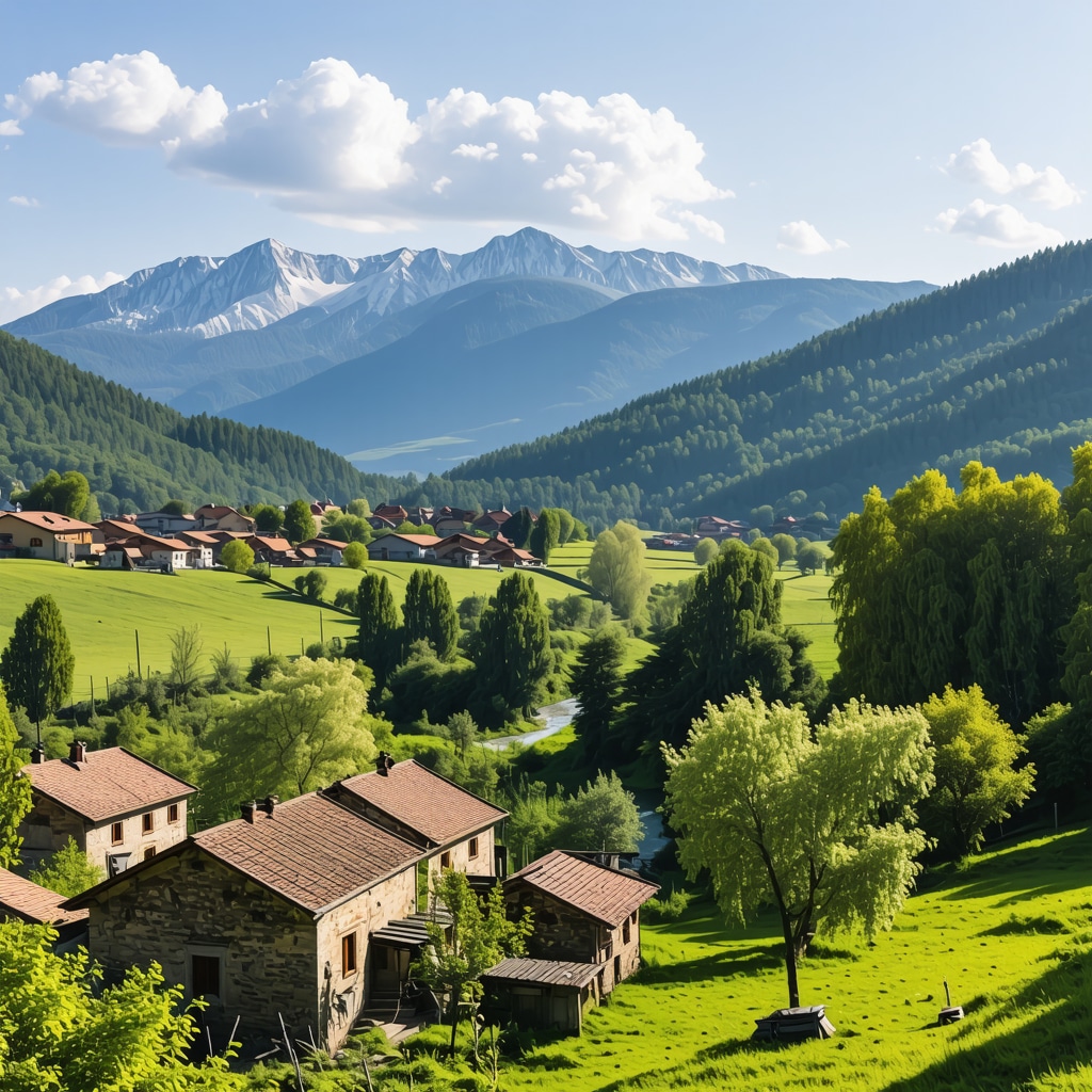 Scenic view of Balkan mountains and villages during spring