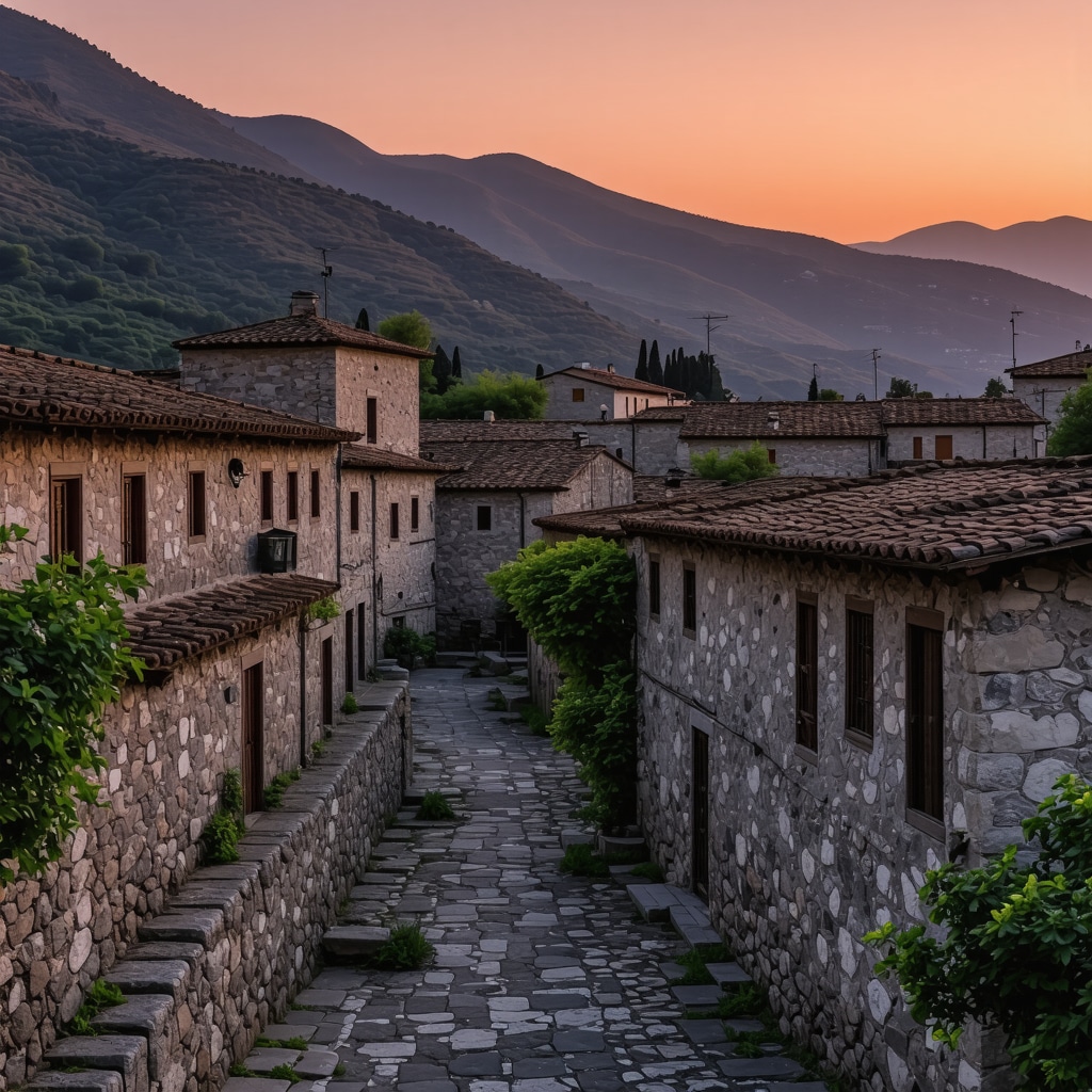 Sunset over Berat's historic old town with traditional Albanian architecture