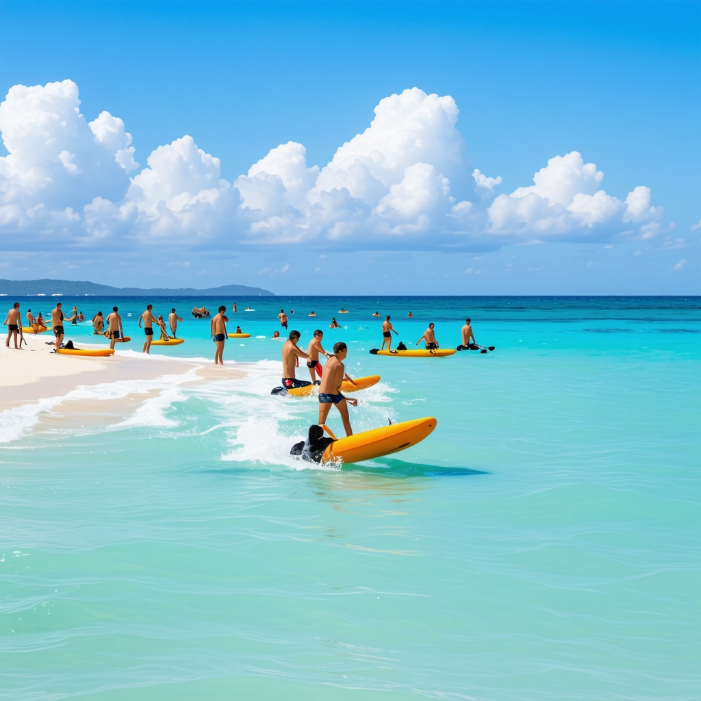 People enjoying water sports on a sunny beach