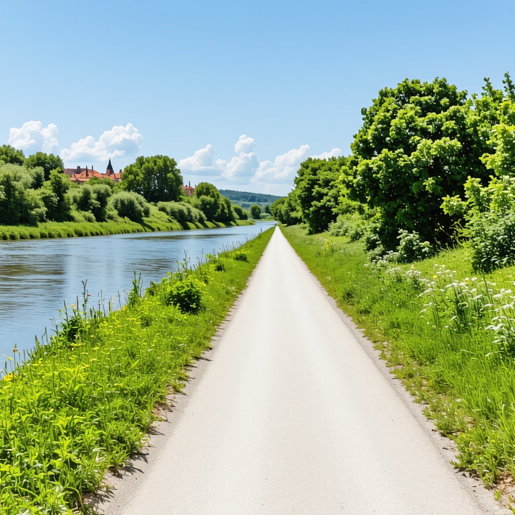 Biking trail along river in Timișoara with lush greenery on a sunny day