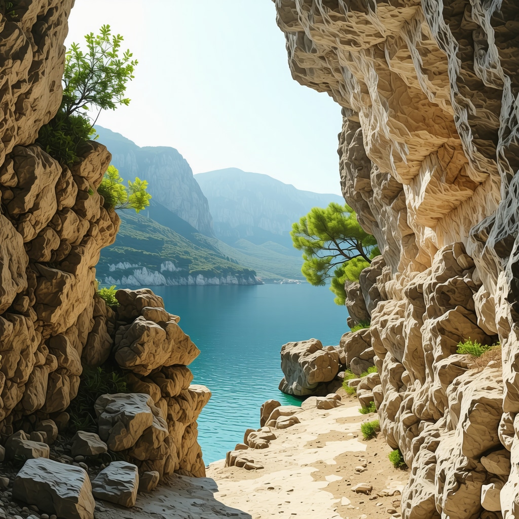 Panoramic landscape of Brač with caves, mountains and greenery