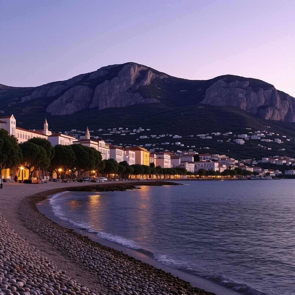 Panoramic view of sunset over Budva's beaches and old town