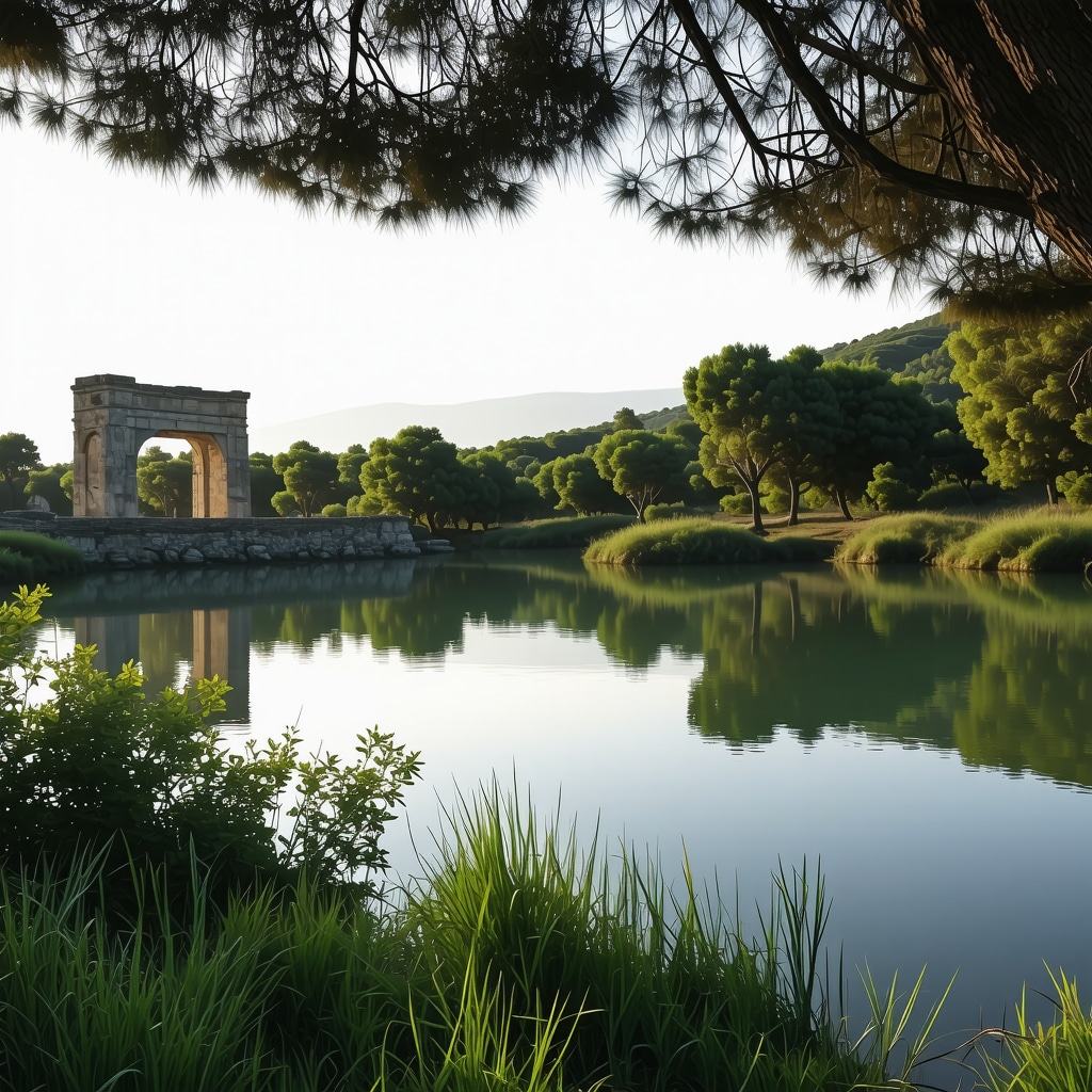 Ancient ruins of Butrint National Park surrounded by Mediterranean vegetation and lagoon