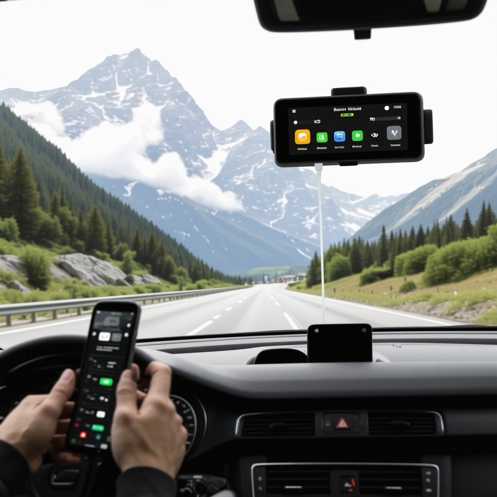 Car dashboard showing real-time vehicle diagnostics on a mountain road
