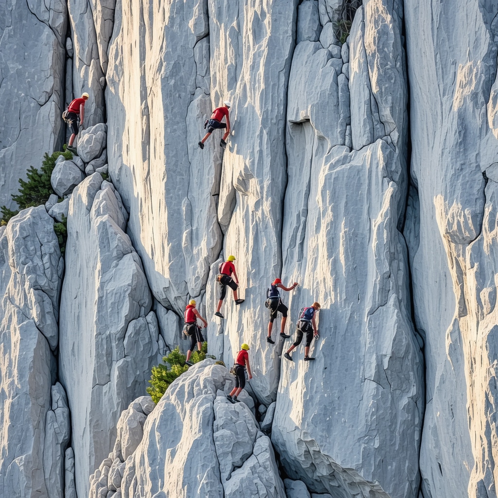 Climbers ascending rocky cliff in Paklenica during sunrise.