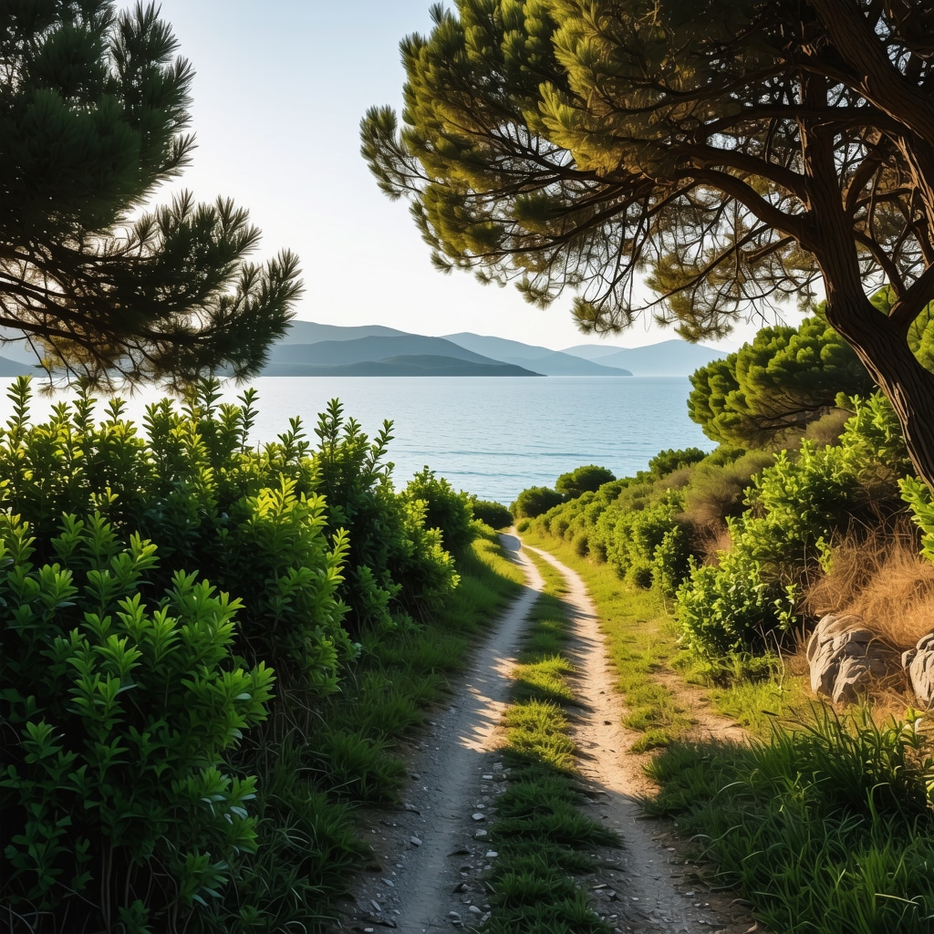 Coastal path with Mediterranean vegetation and blue sea near Trogir at sunset