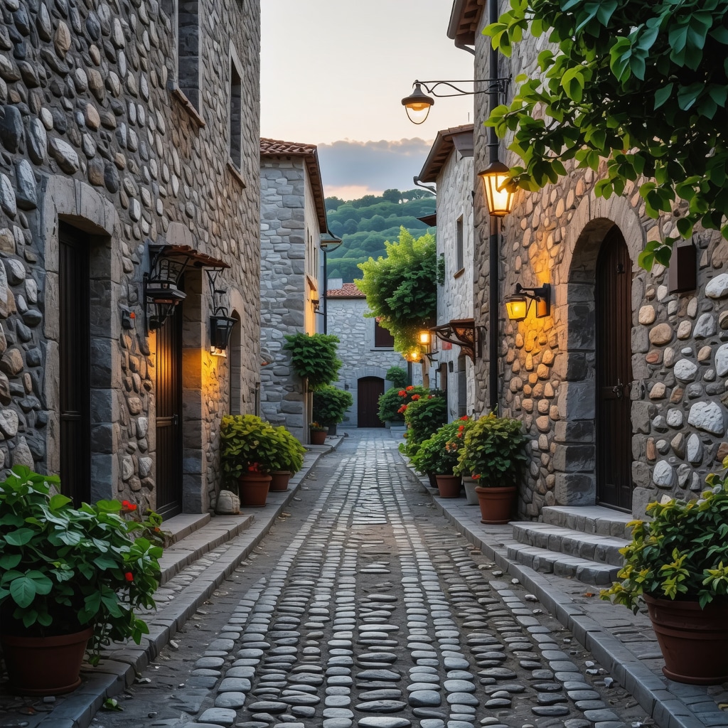 Narrow cobblestone street in Nesebar with medieval stone houses and warm sunset light