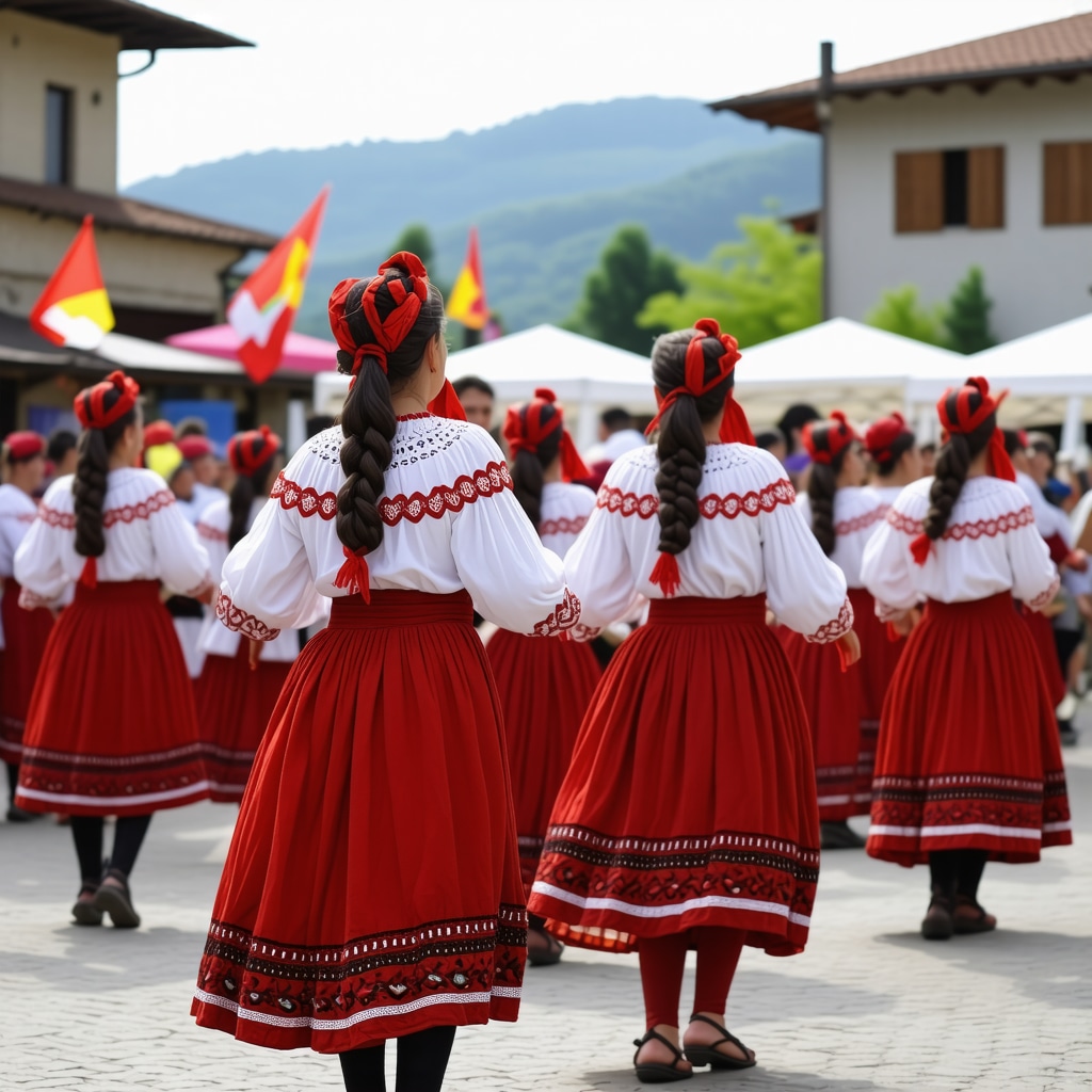 Colorful scene from Gjakova cultural festival with dancers and artisans