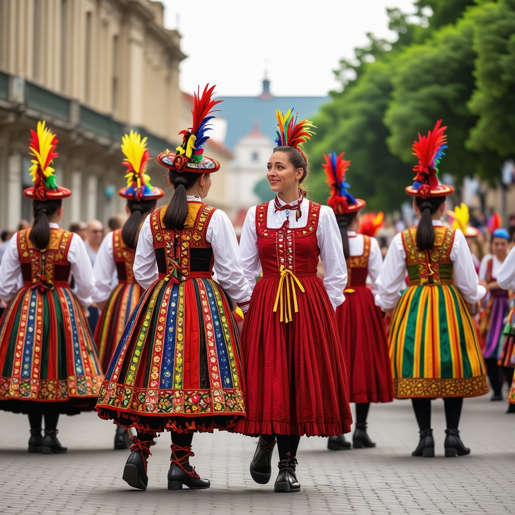 People in traditional costumes and contemporary art at a festival in Subotica.