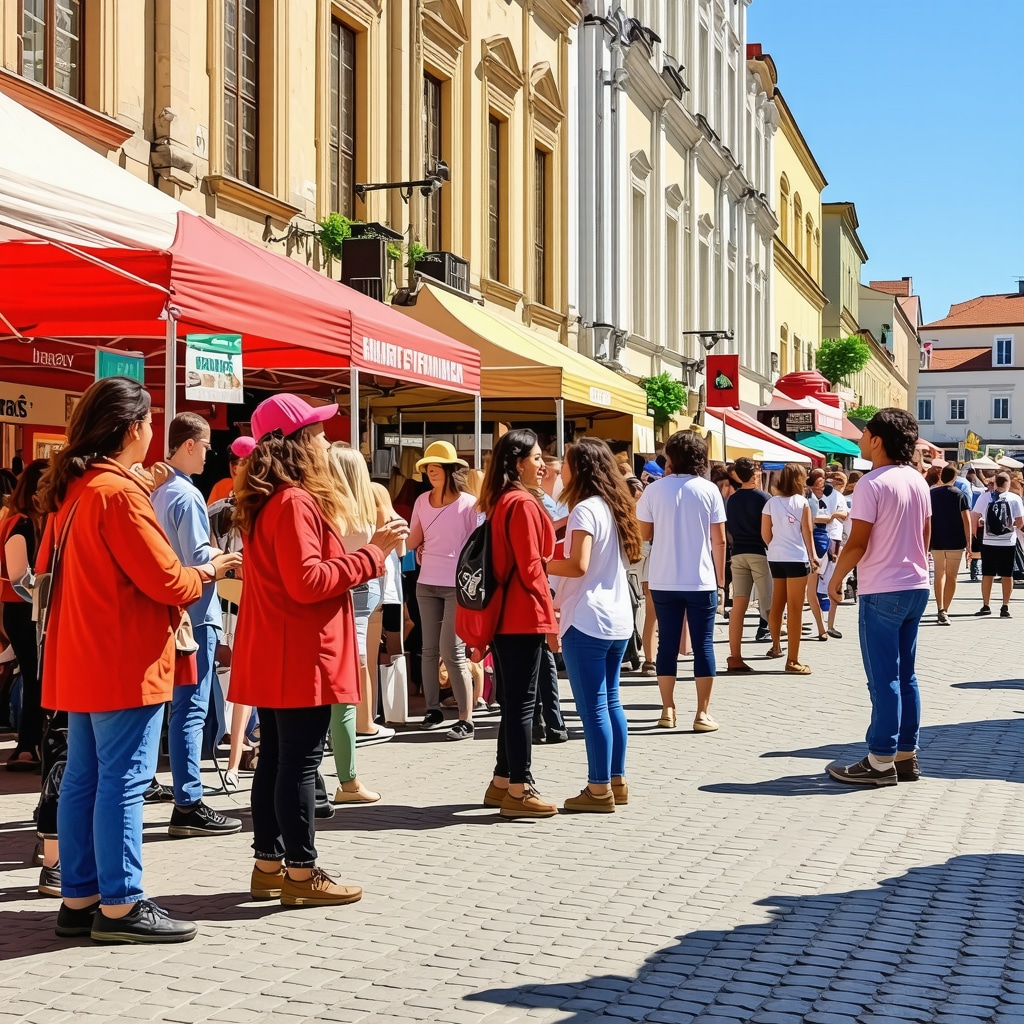 Artists and visitors enjoying a lively cultural event on the streets of Timișoara