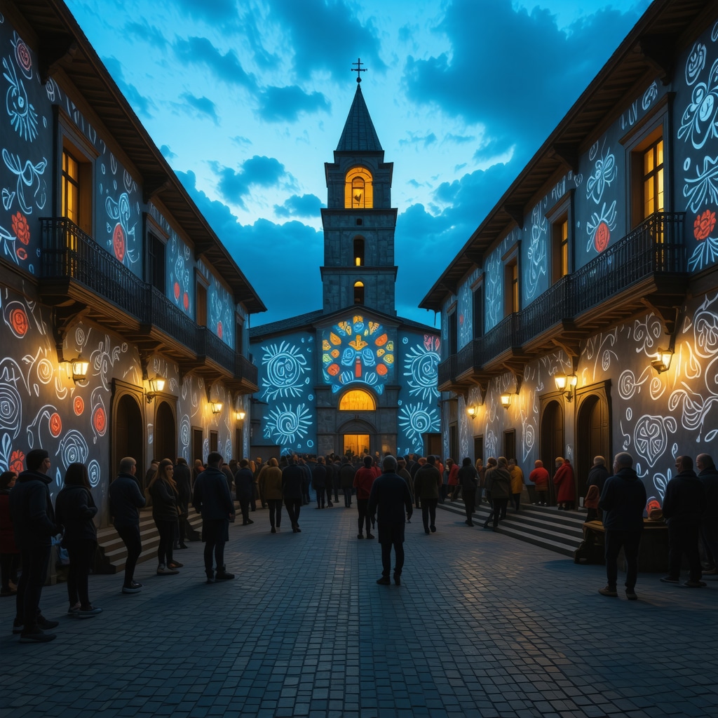 Digital art projecting traditional Balkan motifs onto historic buildings in Stolac at dusk