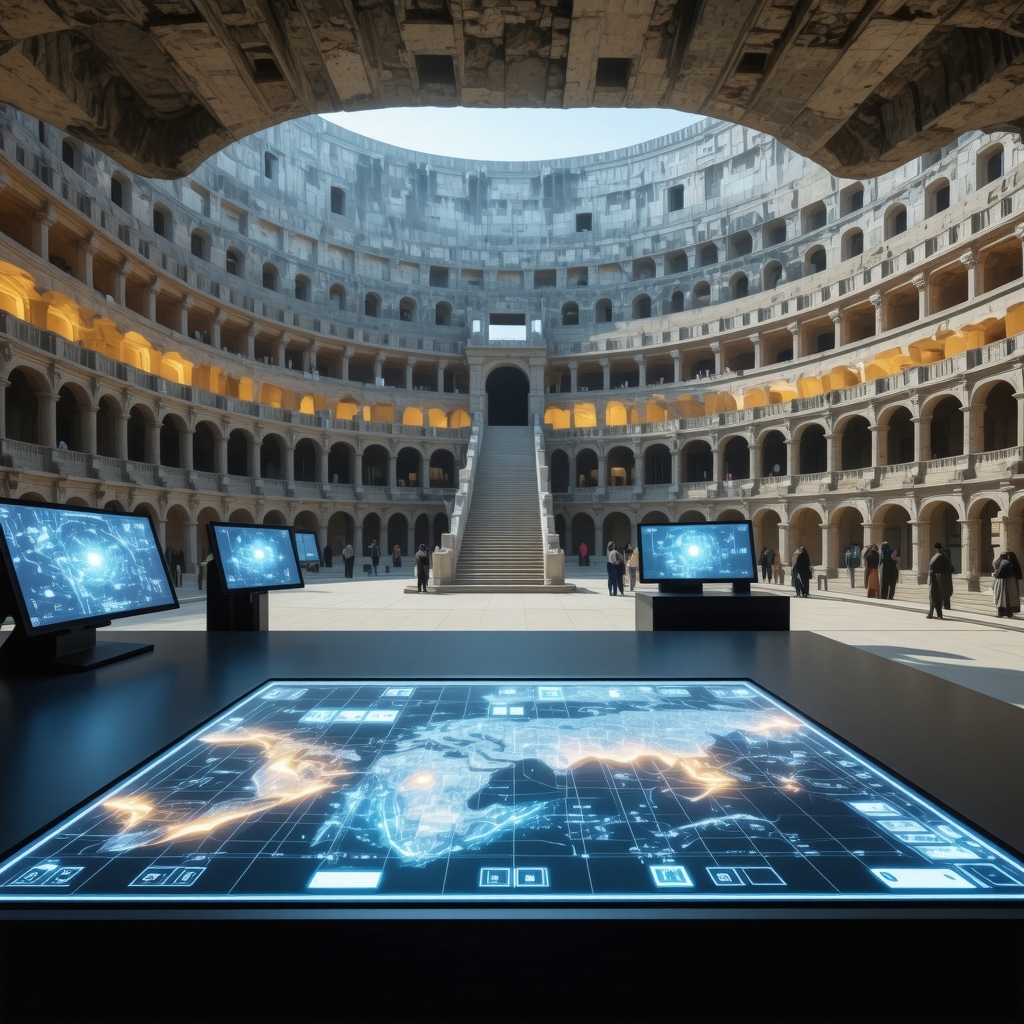 Holographic interface showing visitor flow analytics in Roman amphitheater, Pula