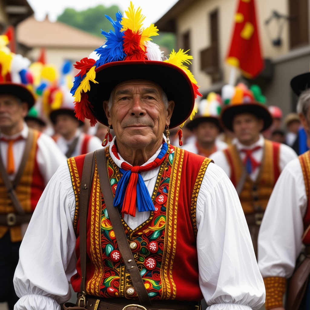 A festival scene in Kičevo showcasing traditional costumes alongside digital displays and modern tech