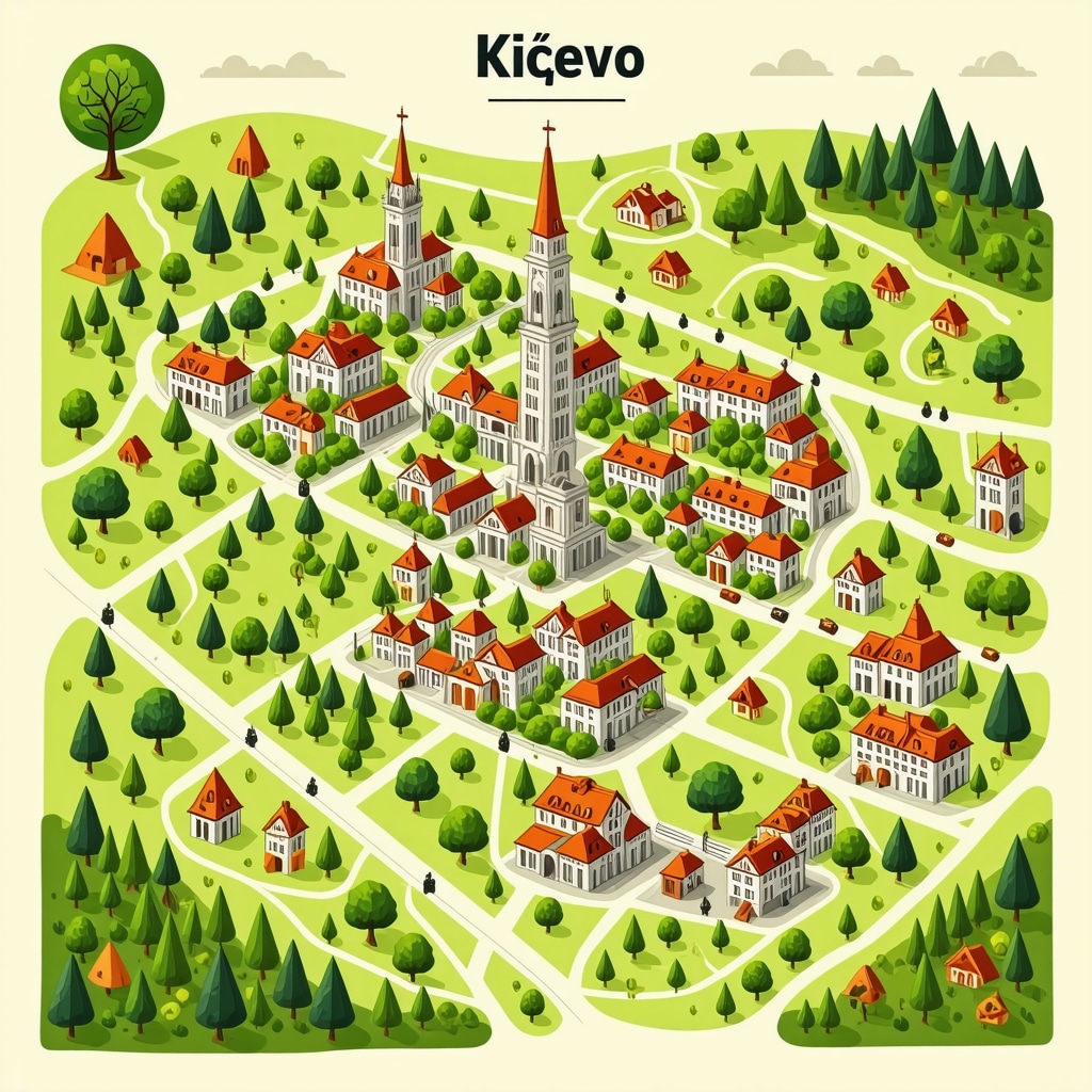 Futuristic digital map highlighting eco-friendly and innovative tourism attractions in Kičevo