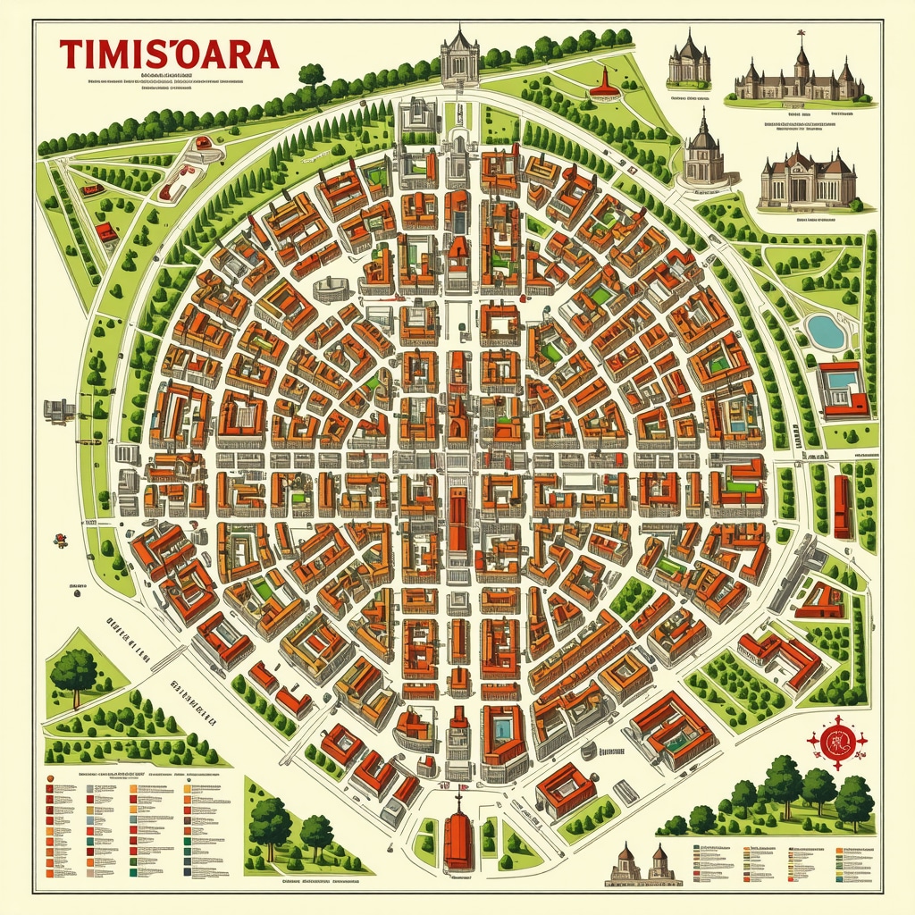 Digital map highlighting historical sites and modern developments in Timișoara