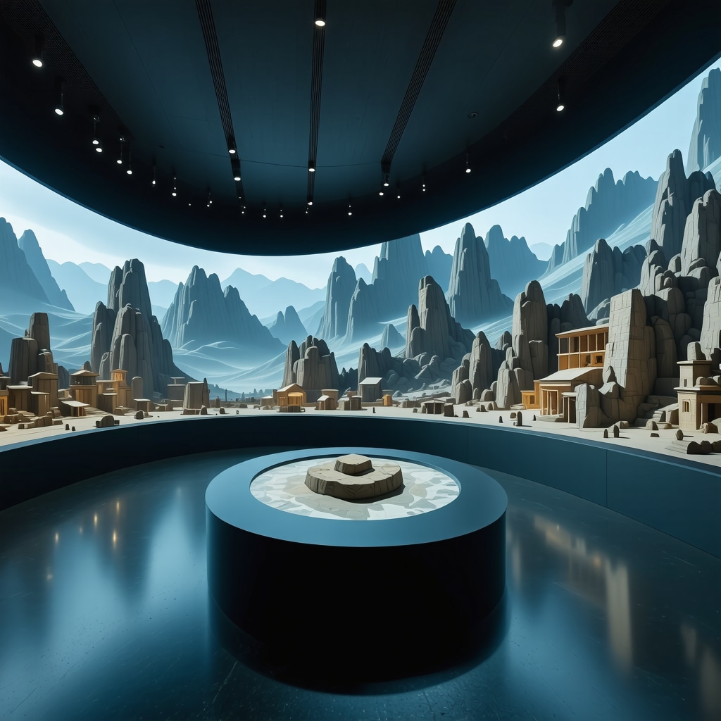 Futuristic digital museum with interactive screens and 3D models showcasing Nin's heritage