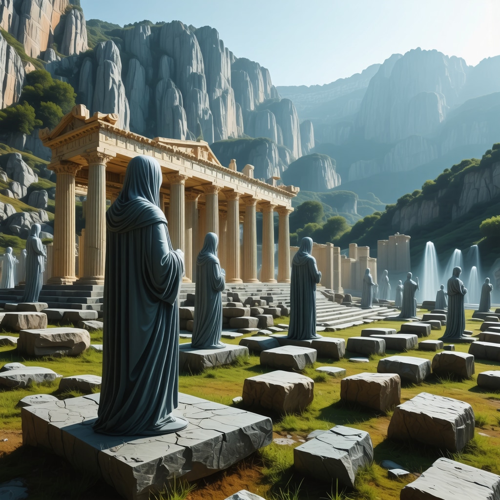 3D holographic reconstruction of ancient Delphi temple and priestess in mountainous landscape